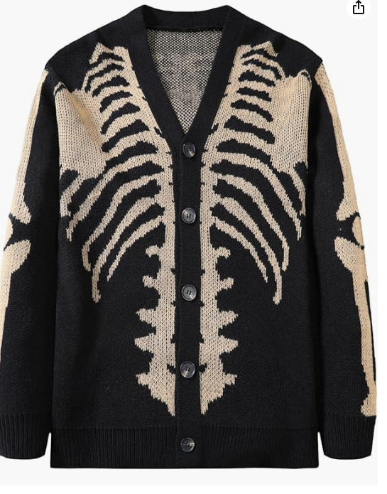 Skeleton Jacquard Oversized Button Cardigan - KBlack