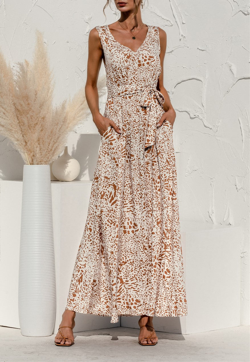 Sleeveless Floral Maxi Dress With Tie Waist - Apricot - 1