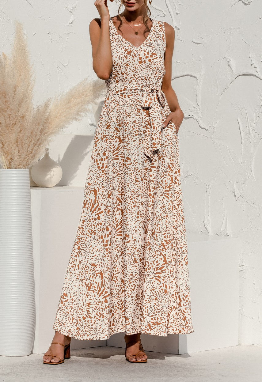 Sleeveless Floral Maxi Dress With Tie Waist - Apricot - 4
