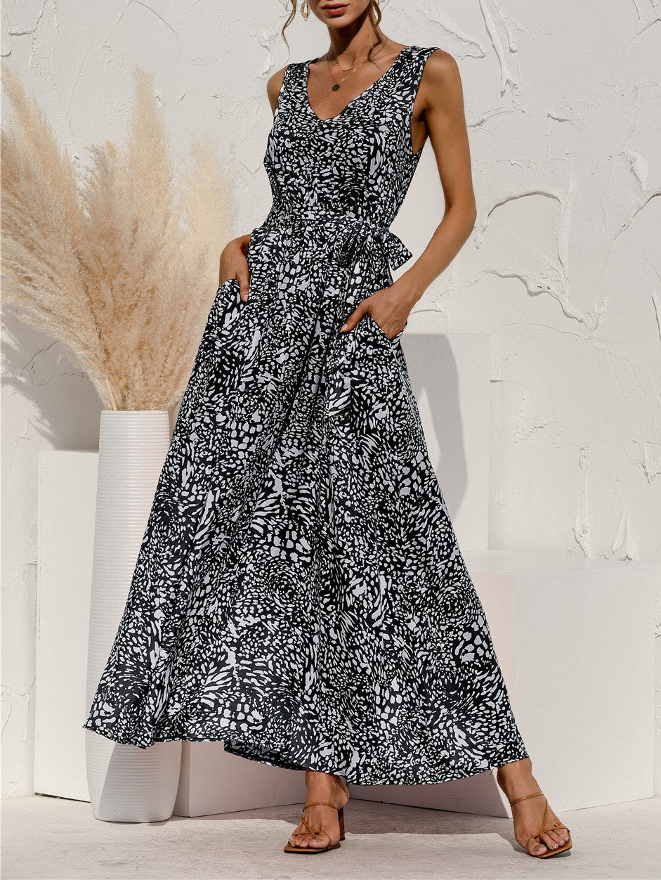 Sleeveless Floral Maxi Dress With Tie Waist - Black - 3