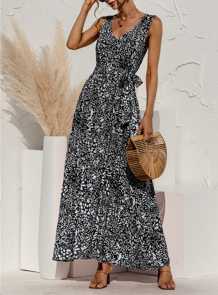 Sleeveless Floral Maxi Dress With Tie Waist - Black - 4