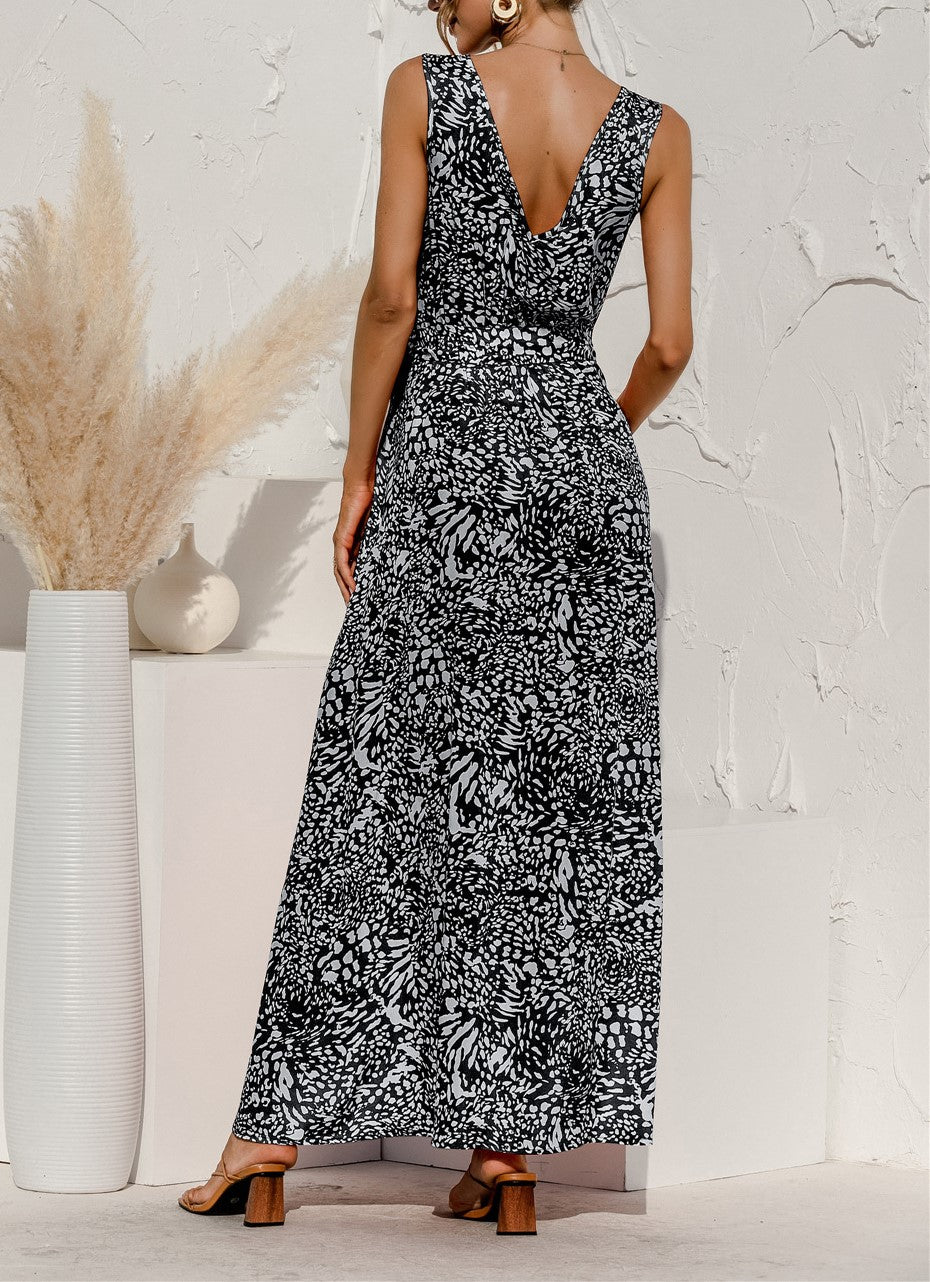 Sleeveless Floral Maxi Dress With Tie Waist - Black - 5