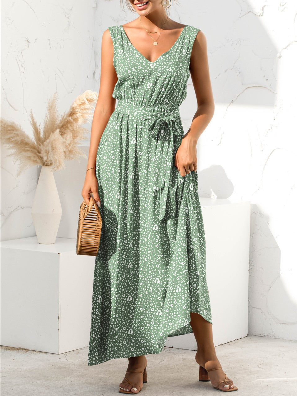 Sleeveless Floral Maxi Dress With Tie Waist - Green - 1