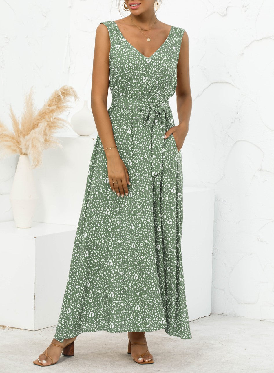 Sleeveless Floral Maxi Dress With Tie Waist - Green - 2