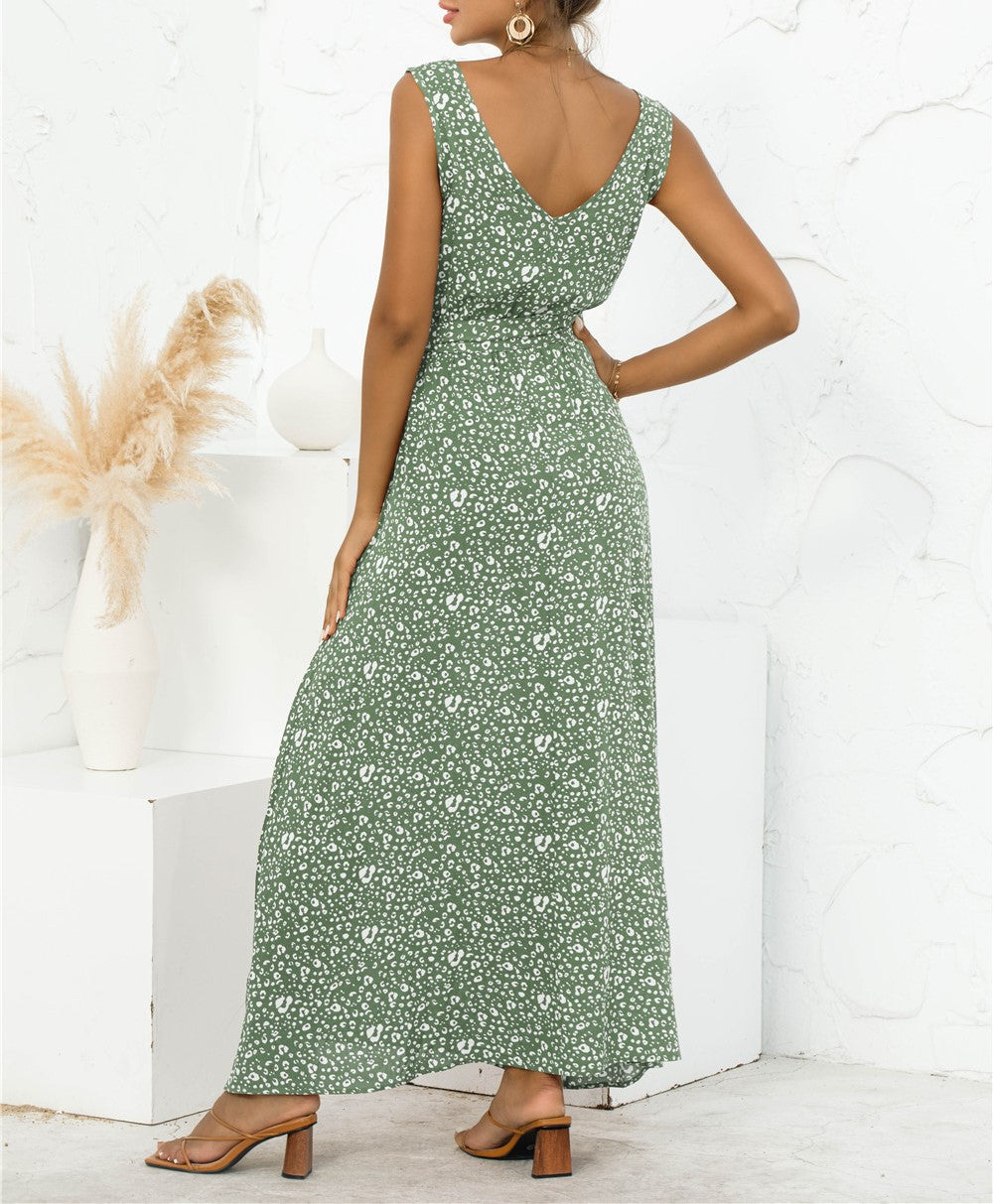 Sleeveless Floral Maxi Dress With Tie Waist - Green - 4