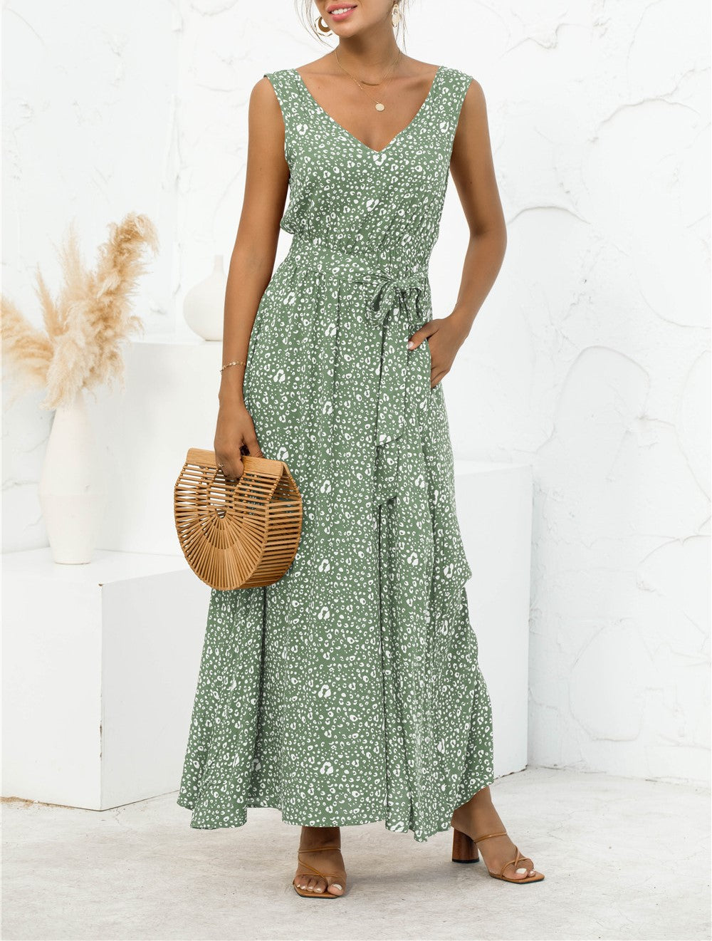 Sleeveless Floral Maxi Dress With Tie Waist - Green - 6