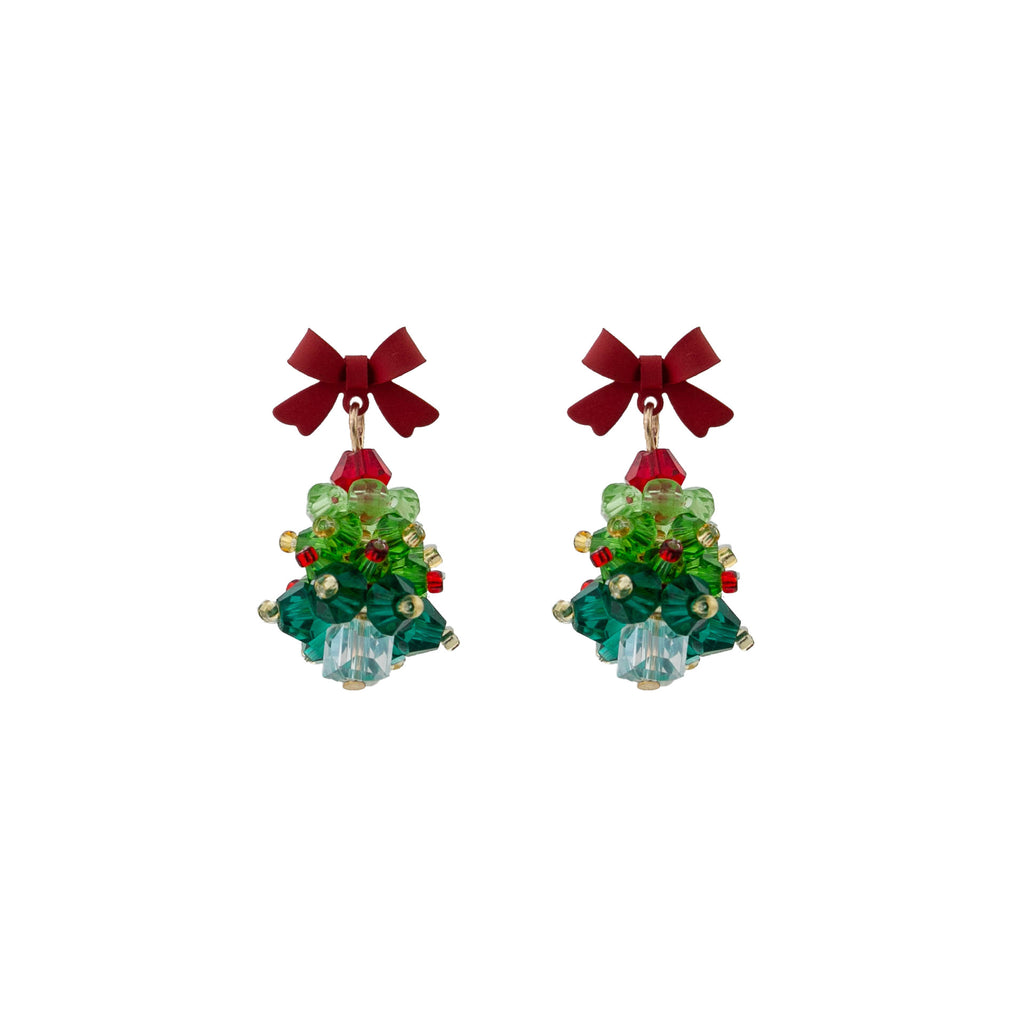 Beaded Christmas Tree Bow Drop Earrings - Green - 2