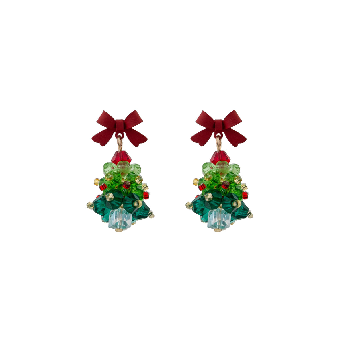 Beaded Christmas Tree Bow Drop Earrings - Green - 2
