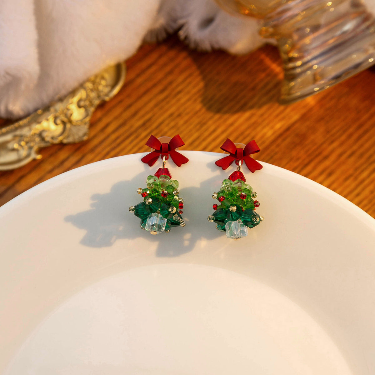 Beaded Christmas Tree Bow Drop Earrings - Green - 3