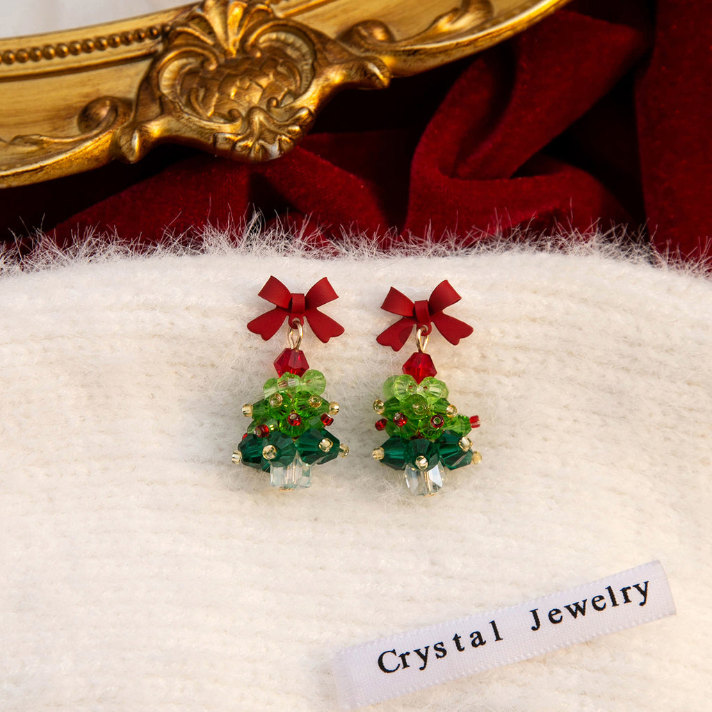 Beaded Christmas Tree Bow Drop Earrings - Green - 4