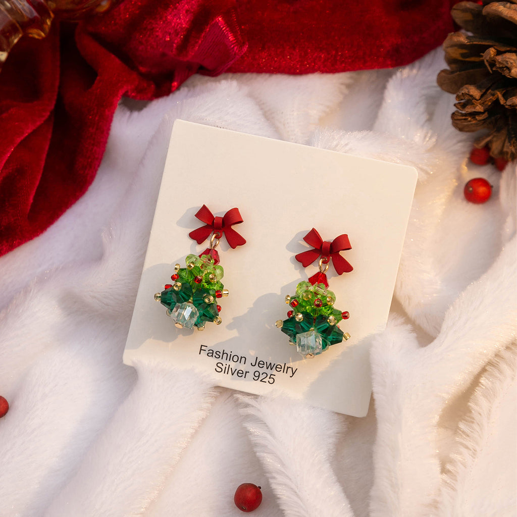 Beaded Christmas Tree Bow Drop Earrings