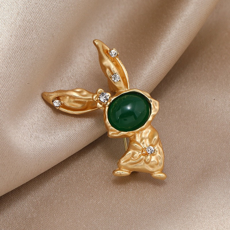 Green Stone Rabbit Brooch Pin - Rabbit