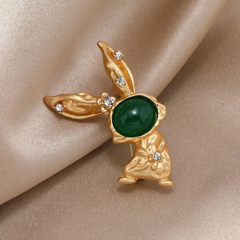 Green Stone Rabbit Brooch Pin