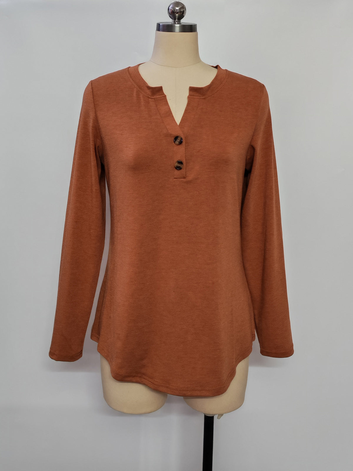 V-Neck Henley Button Long Sleeve Top - Brown