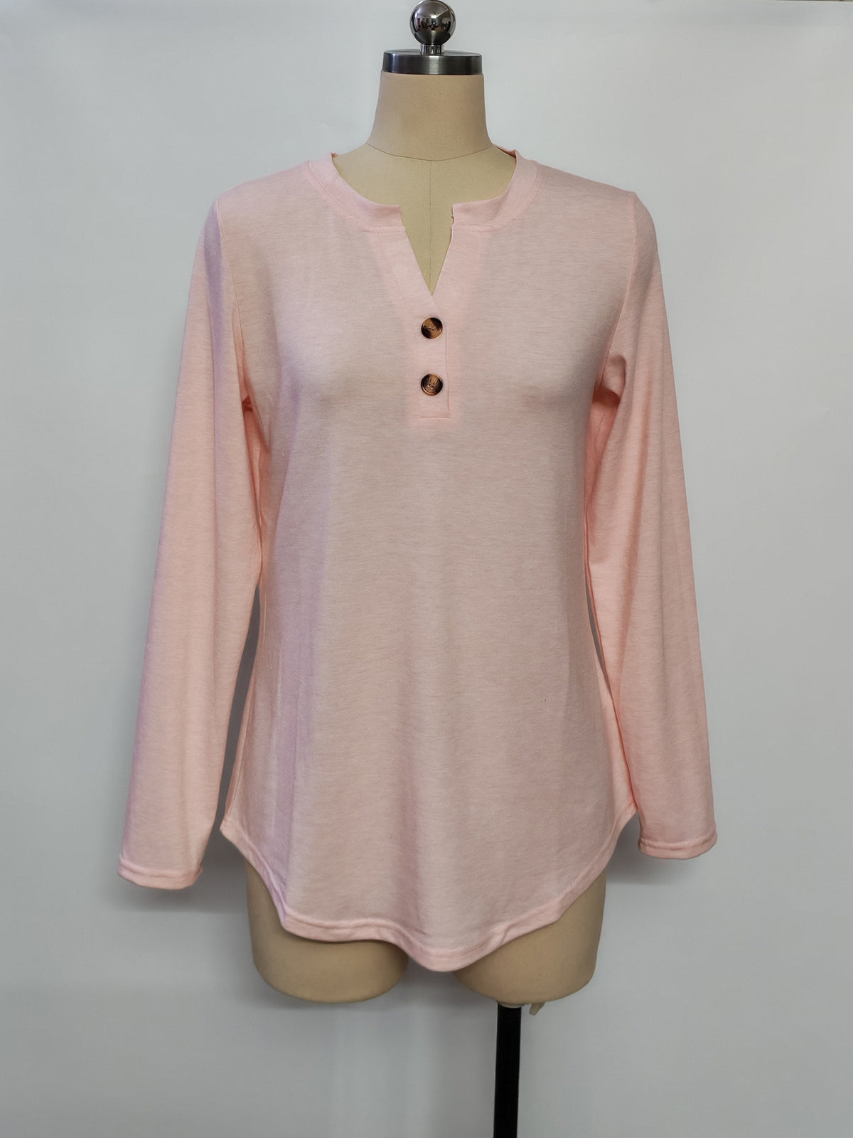 V-Neck Henley Button Long Sleeve Top - Pink