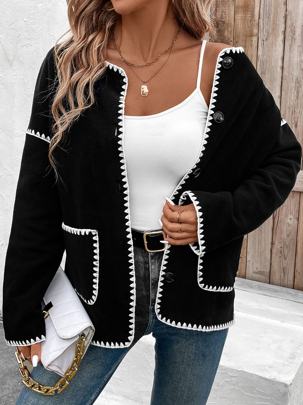 Whipstitch Trim Patch Pocket Jacket - Black - 1