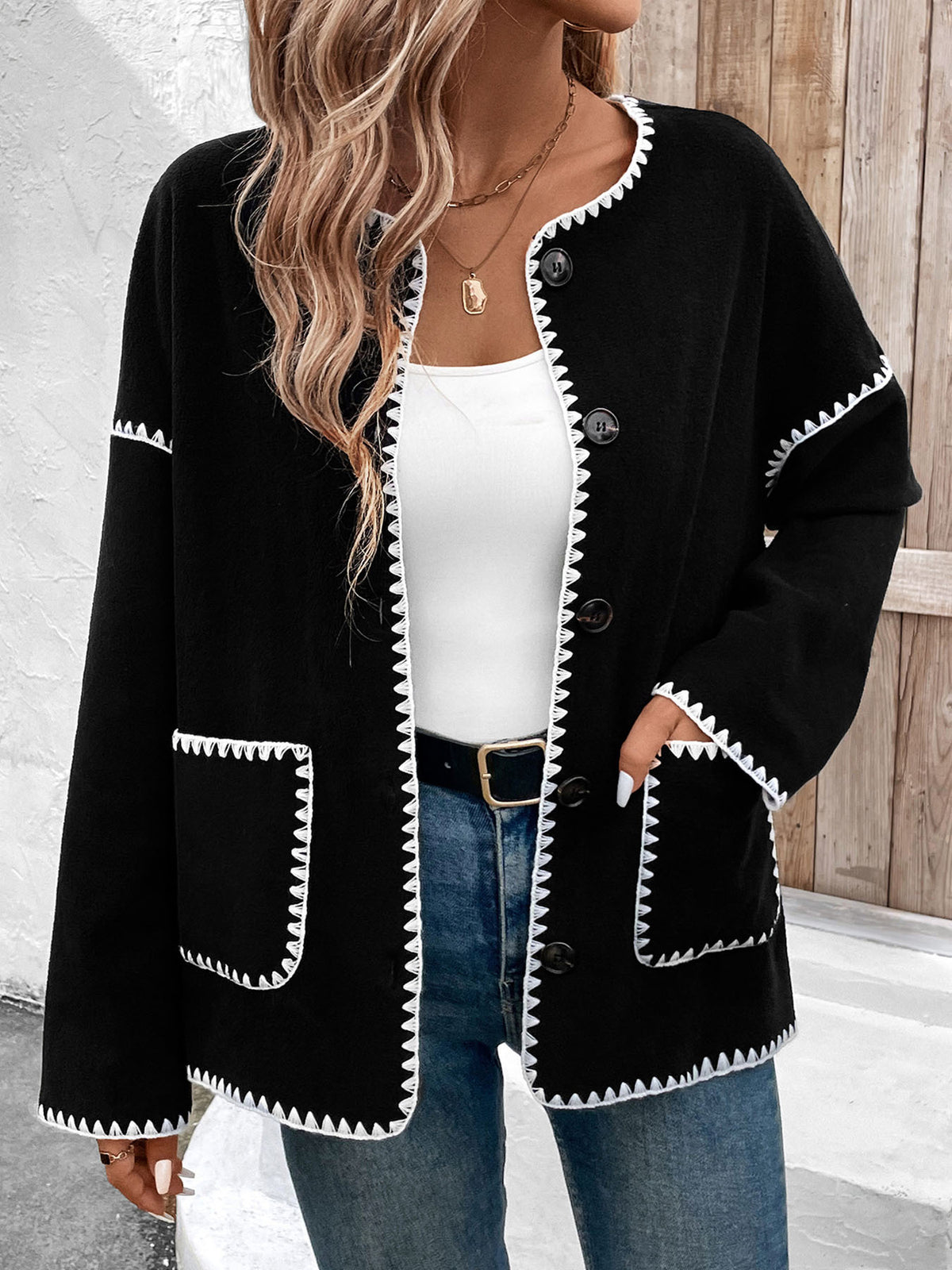 Whipstitch Trim Patch Pocket Jacket - Black - 2