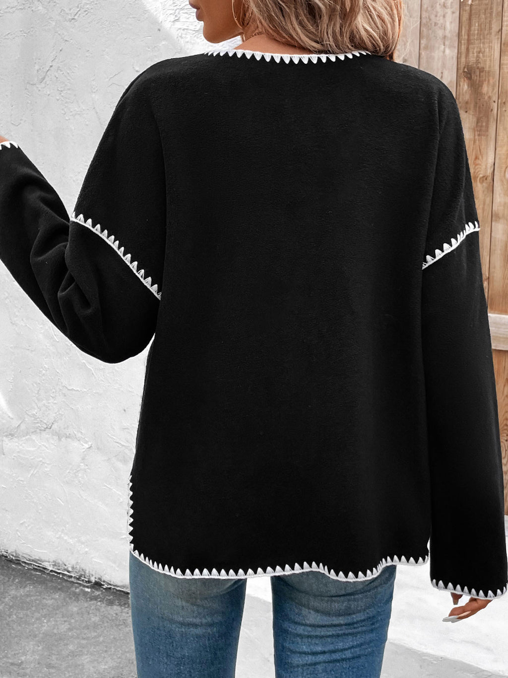 Whipstitch Trim Patch Pocket Jacket - Black - 3