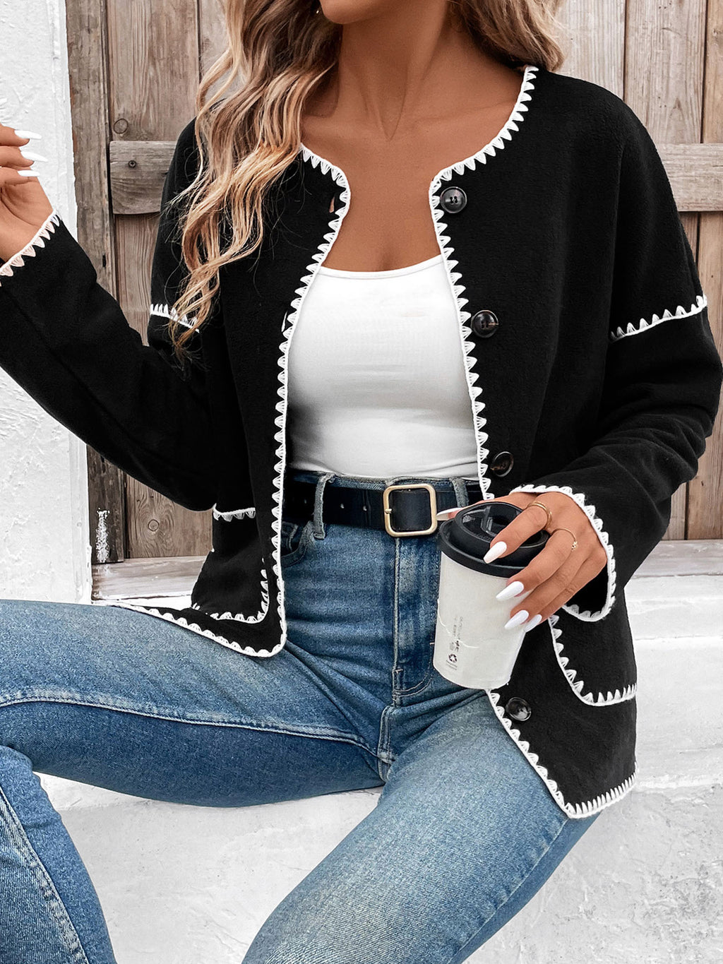 Whipstitch Trim Patch Pocket Jacket - Black - 5