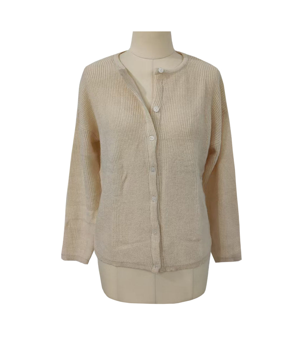Soft Fuzzy Knit Crew Neck Cardigan - Beige - 1