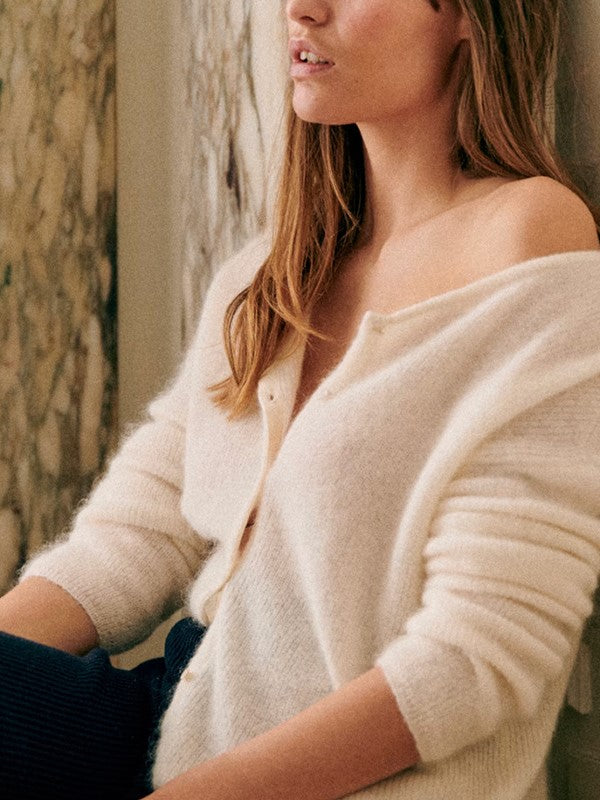 Soft Fuzzy Knit Crew Neck Cardigan - Beige - 2