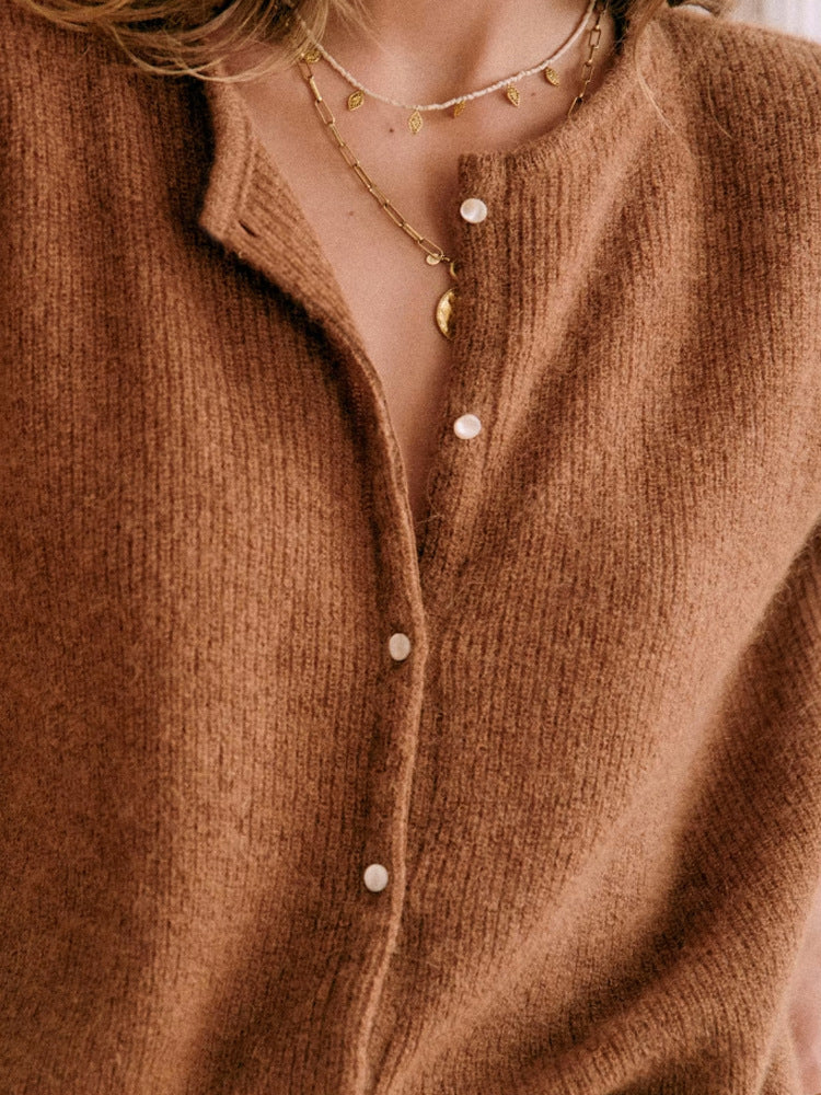 Soft Fuzzy Knit Crew Neck Cardigan - Biscuit