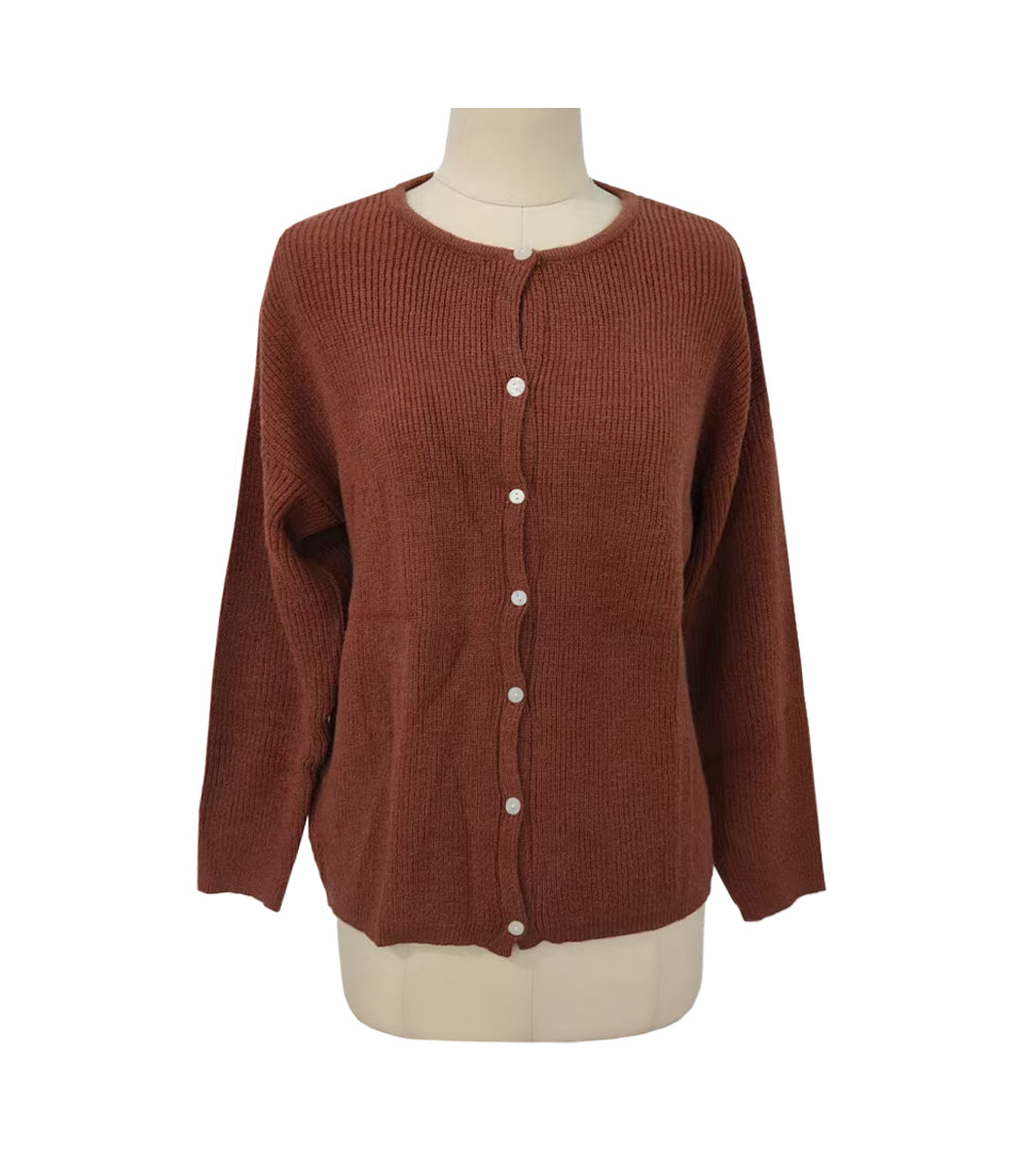 Soft Fuzzy Knit Crew Neck Cardigan - Biscuit - 1