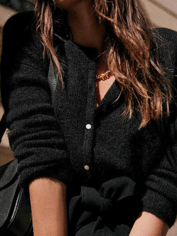 Soft Fuzzy Knit Crew Neck Cardigan - Black