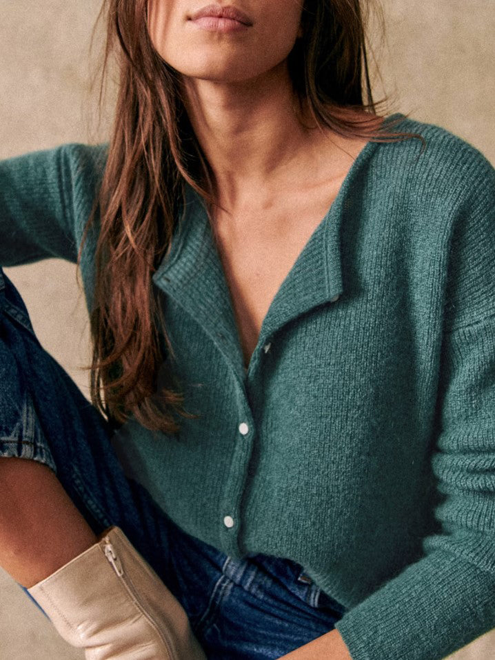 Soft Fuzzy Knit Crew Neck Cardigan - Dark green