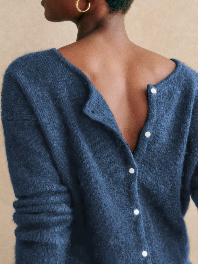 Soft Fuzzy Knit Crew Neck Cardigan - Navy - 1