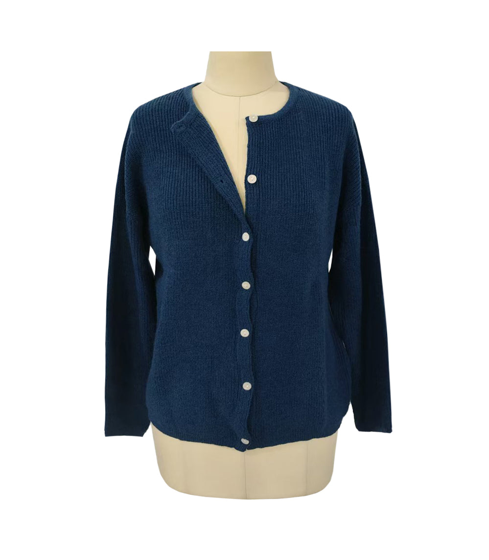 Soft Fuzzy Knit Crew Neck Cardigan - Navy - 2