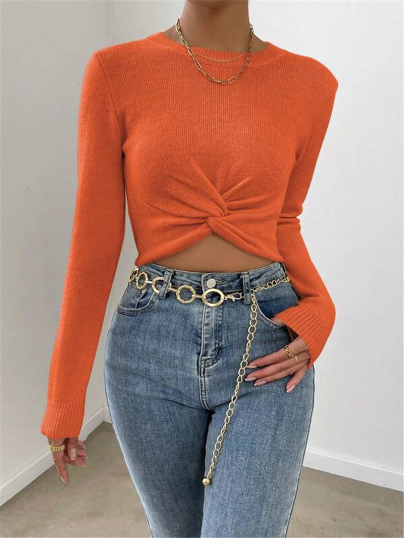 Twist Front Crewneck Cropped Knit Top - Orange