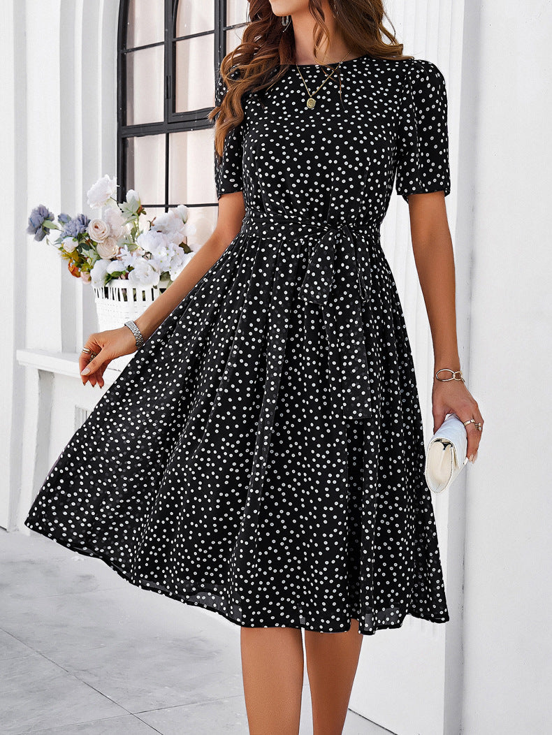 Polka Dot Tie Waist Flared Midi Dress - Black - 1