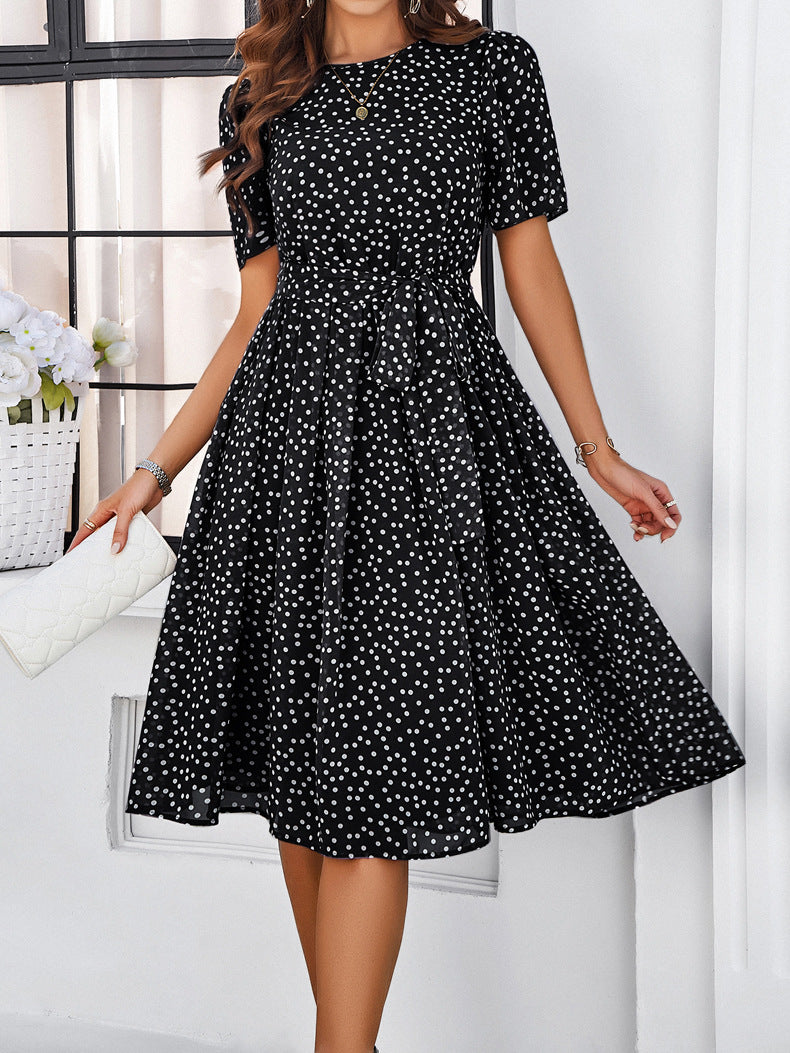Polka Dot Tie Waist Flared Midi Dress - Black - 2