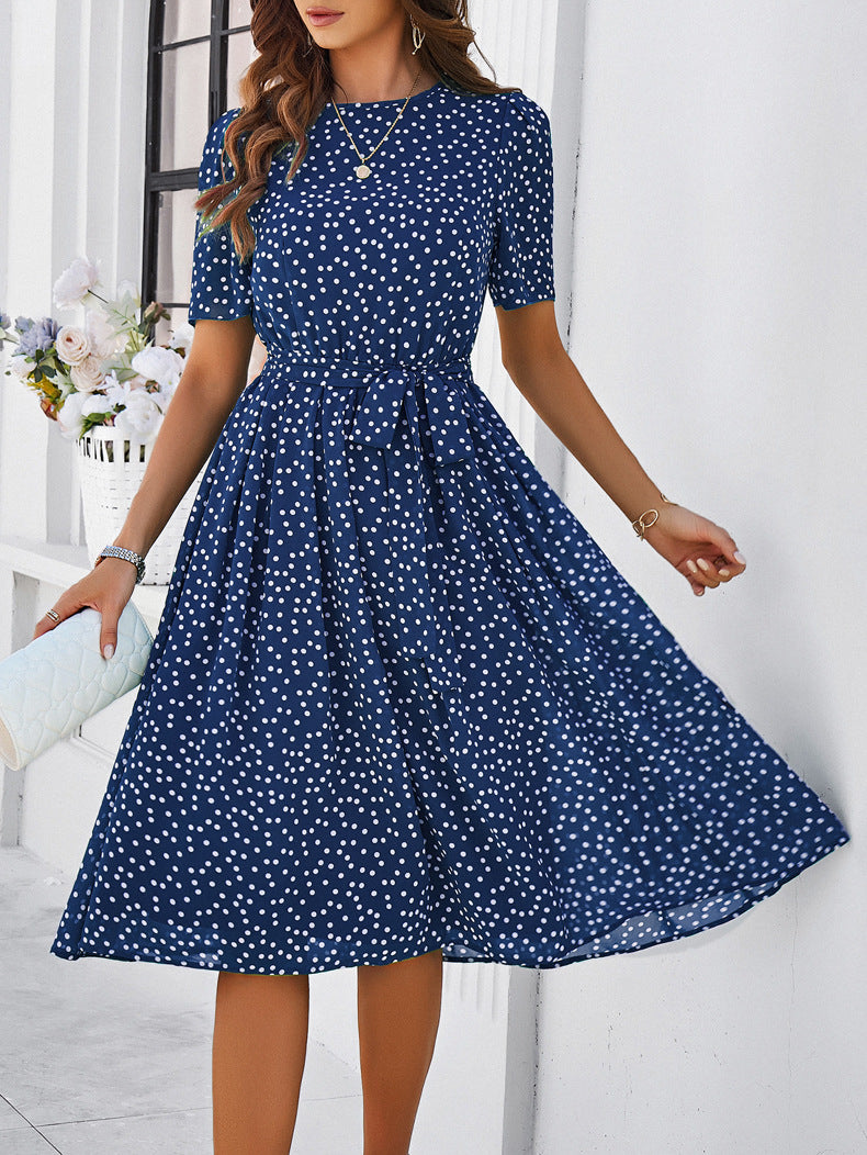 Polka Dot Tie Waist Flared Midi Dress - DarkBlue