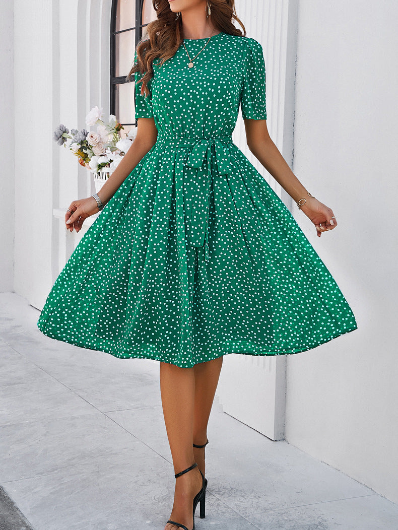 Polka Dot Tie Waist Flared Midi Dress - Green - 1