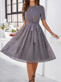 Polka Dot Tie Waist Flared Midi Dress - Grey