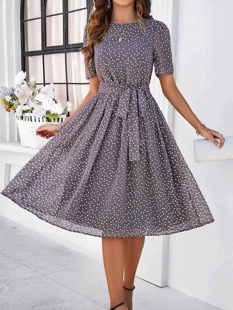 Polka Dot Tie Waist Flared Midi Dress - Grey