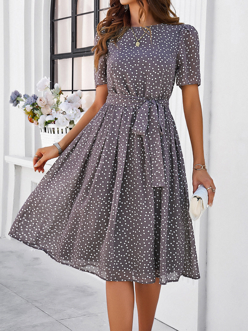 Polka Dot Tie Waist Flared Midi Dress - Grey - 1