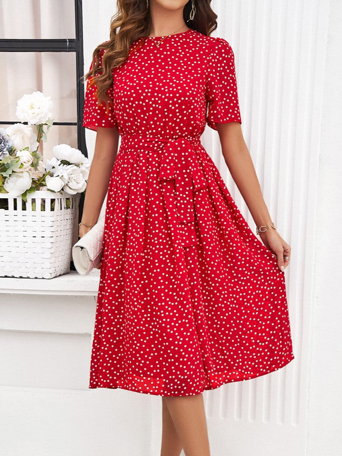 Polka Dot Tie Waist Flared Midi Dress - WineRed