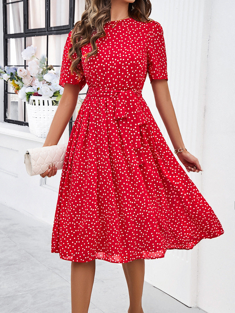 Polka Dot Tie Waist Flared Midi Dress - WineRed - 1