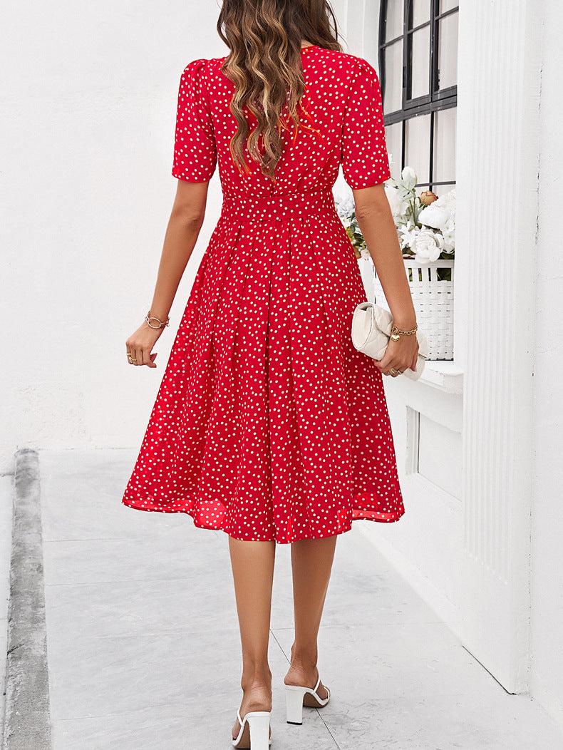 Polka Dot Tie Waist Flared Midi Dress - WineRed - 2
