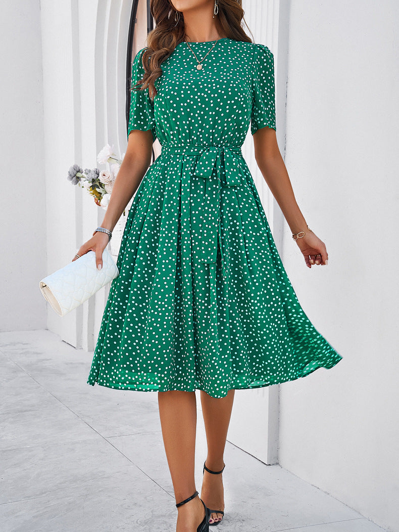 Polka Dot Tie Waist Flared Midi Dress