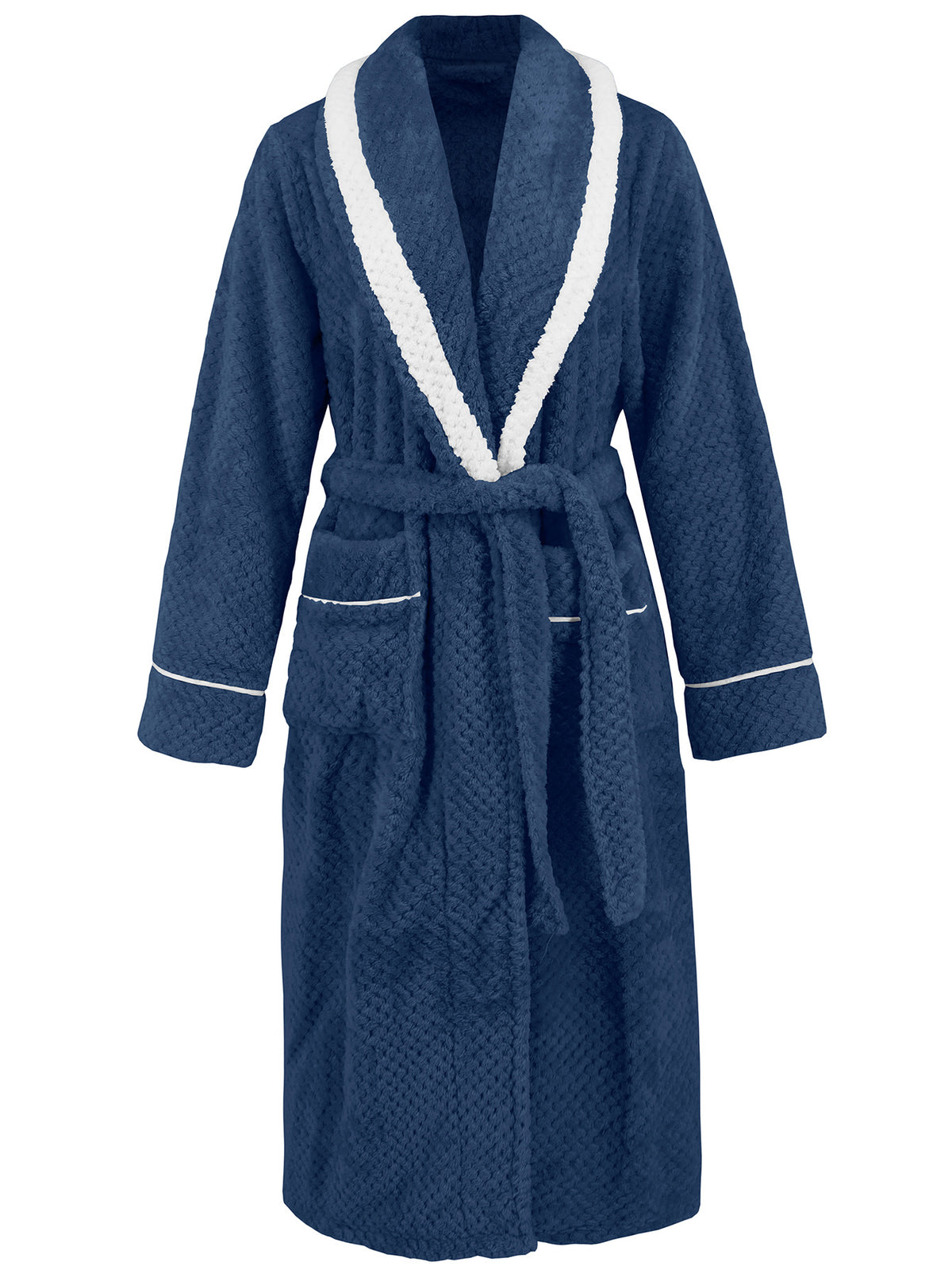 Contrast Shawl Collar Waffle Fleece Robe - Blue