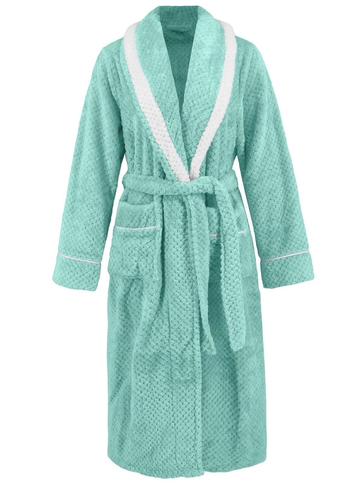 Contrast Shawl Collar Waffle Fleece Robe - Green