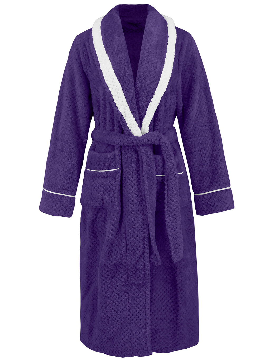 Contrast Shawl Collar Waffle Fleece Robe - Purple - 1
