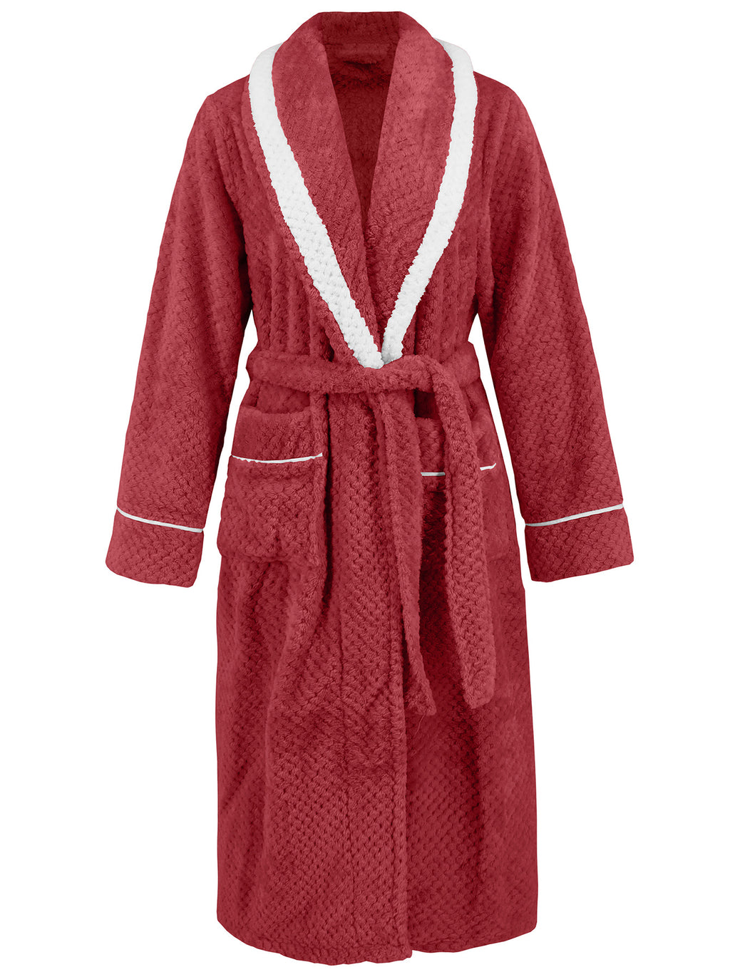Contrast Shawl Collar Waffle Fleece Robe - Red