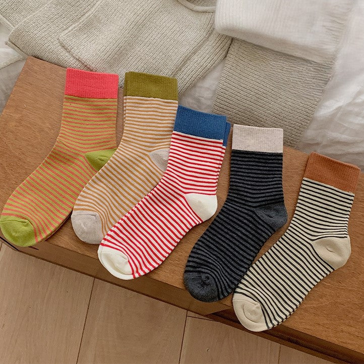 Thin Stripe Two-Tone Crew Socks - Yellow