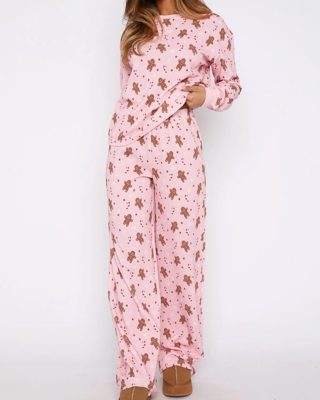 Gingerbread Cookie Print Wide Leg Pajama Set - Pink