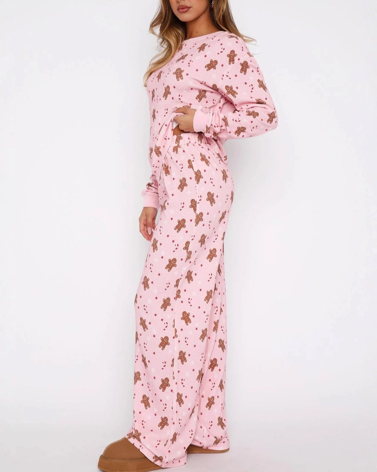 Gingerbread Cookie Print Wide Leg Pajama Set - Pink - 1